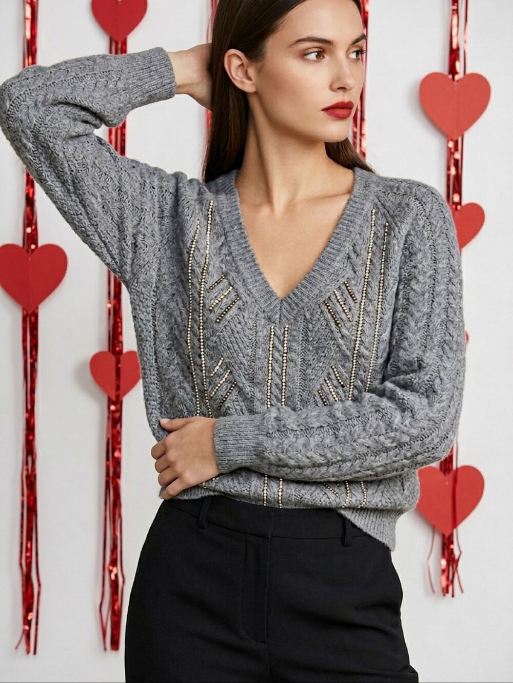 Ramy Brook Gray V-Neck Sweater with Cable Knit Design